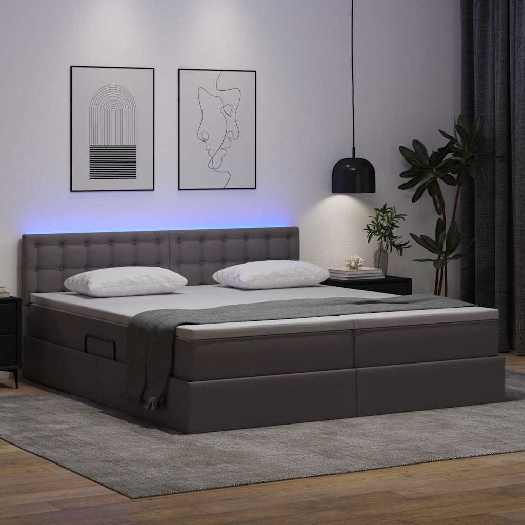 Seng med opbevaring og LED Grå 200 x 200 cm Faux læder