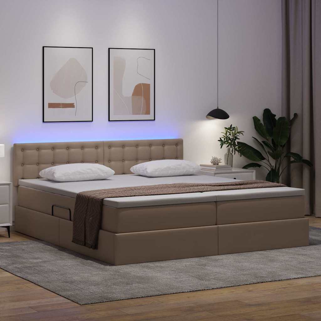 Seng med opbevaring og LED Cappuccino 200 x 200 cm Faux læder