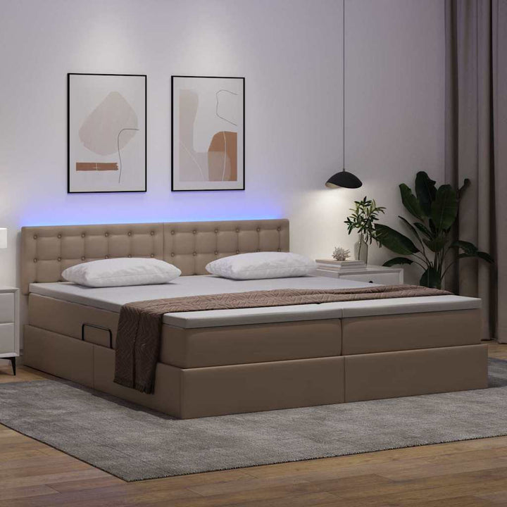 Seng med opbevaring og LED Cappuccino 200 x 200 cm Faux læder