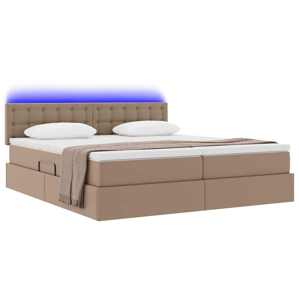 Seng med opbevaring og LED Cappuccino 200 x 200 cm Faux læder