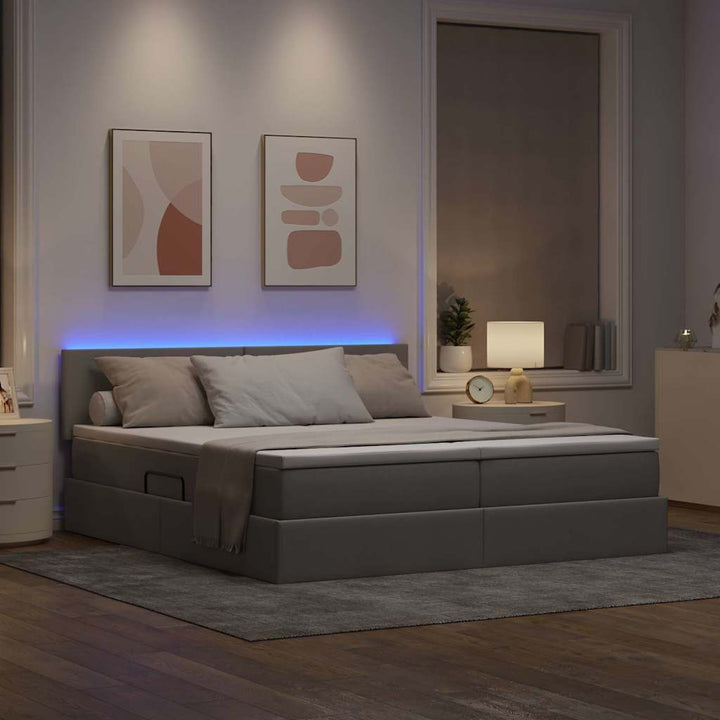 LED opbevarings seng med madras Gråbrun 200 x 200 cm Stof