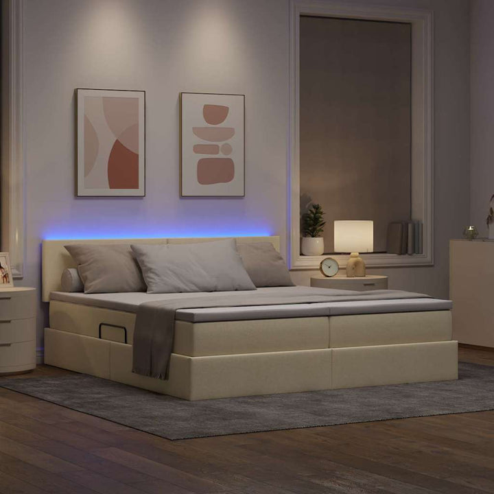 LED opbevarings seng med madras Creme 200 x 200 cm Stof
