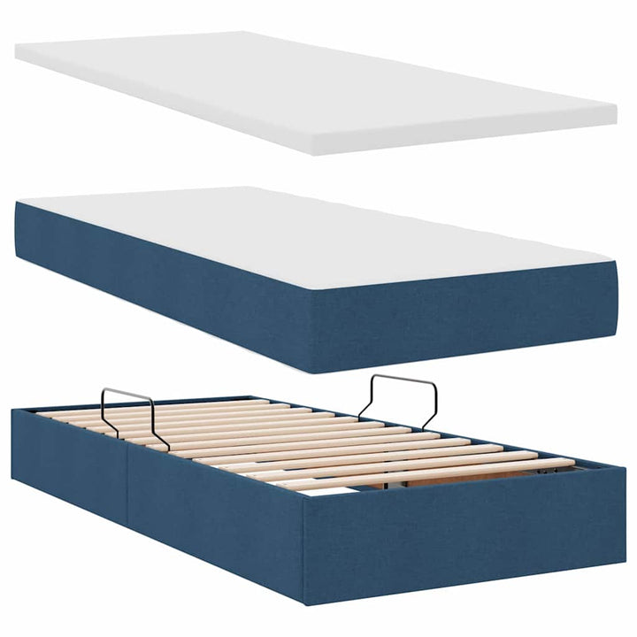 Seng med LED -strimmellys med hovedgærde Blå 200 x 200 cm Stof