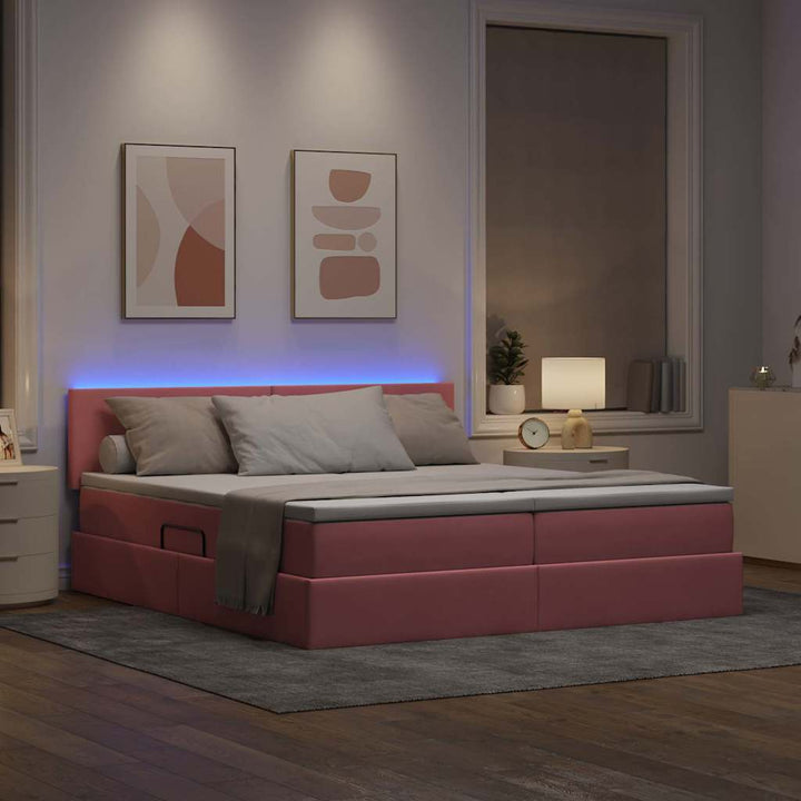 LED opbevarings seng med madras Lyserød 180 x 200 cm Fløjl