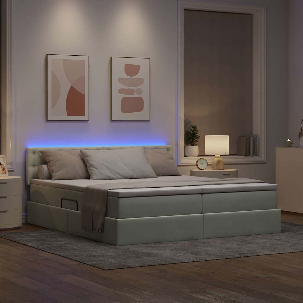 LED opbevarings seng med madras Lysegrå 180 x 200 cm Fløjl