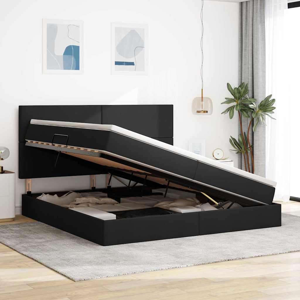 Seng med opbevaring og madras Sort 200 x 200 cm Stof