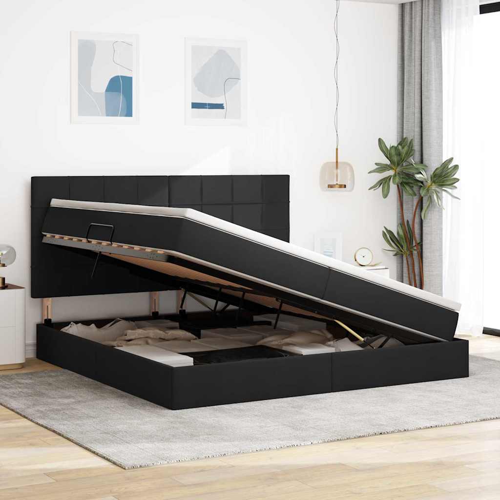 Seng med opbevaring og madras Sort 200 x 200 cm Stof