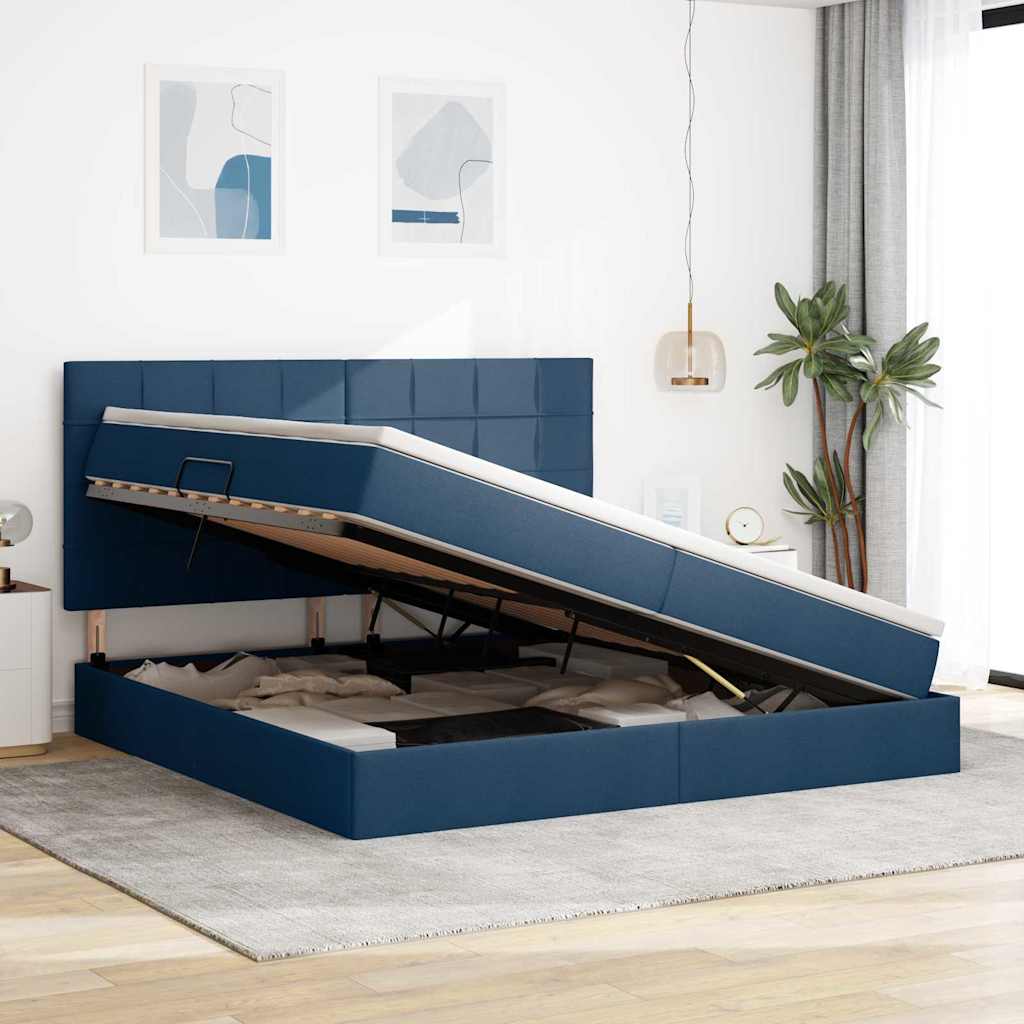 Seng med opbevaring og madras Blå 200 x 200 cm Stof