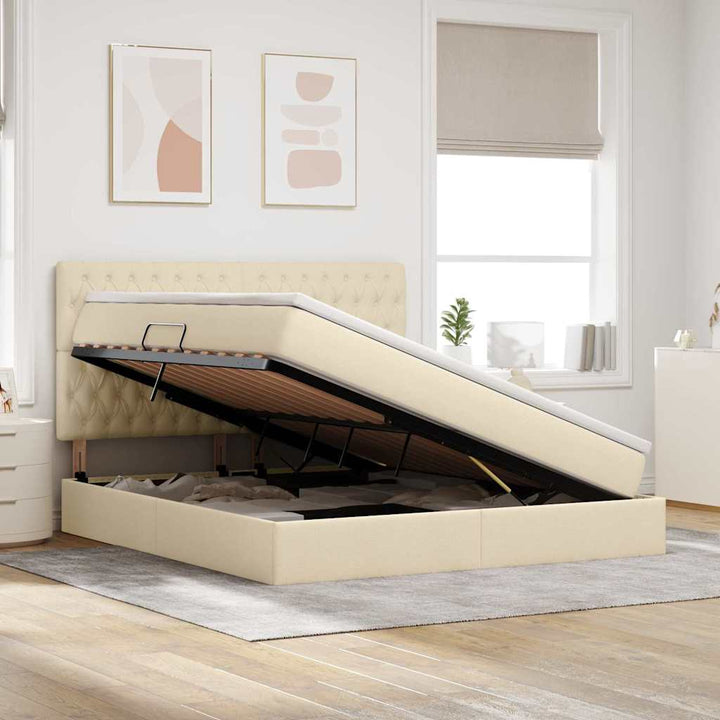 Seng med opbevaring og madras Creme 160 x 200 cm Stof