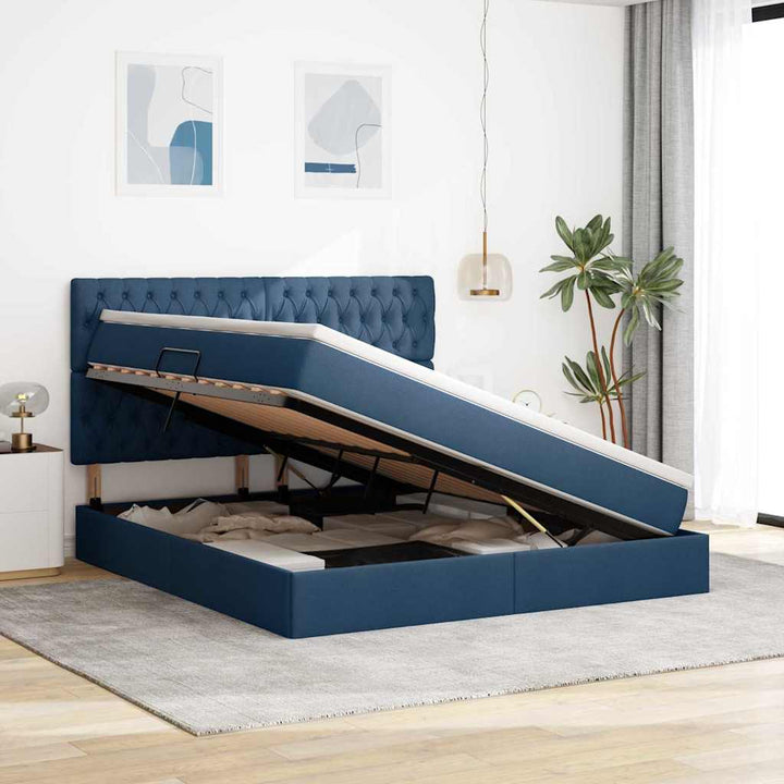 Seng med opbevaring og madras Blå 180 x 200 cm Polyester