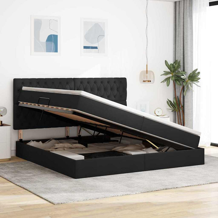 Seng med opbevaring og madras Sort 200 x 200 cm Stof
