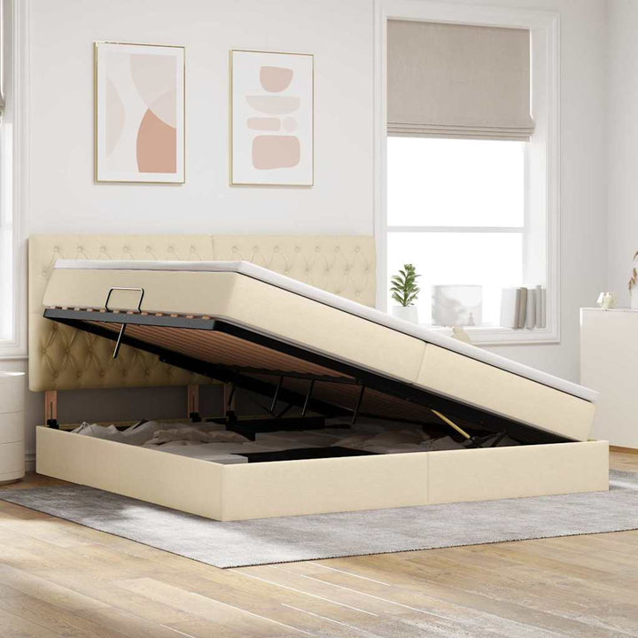 Seng med opbevaring og madras Creme 200 x 200 cm Stof
