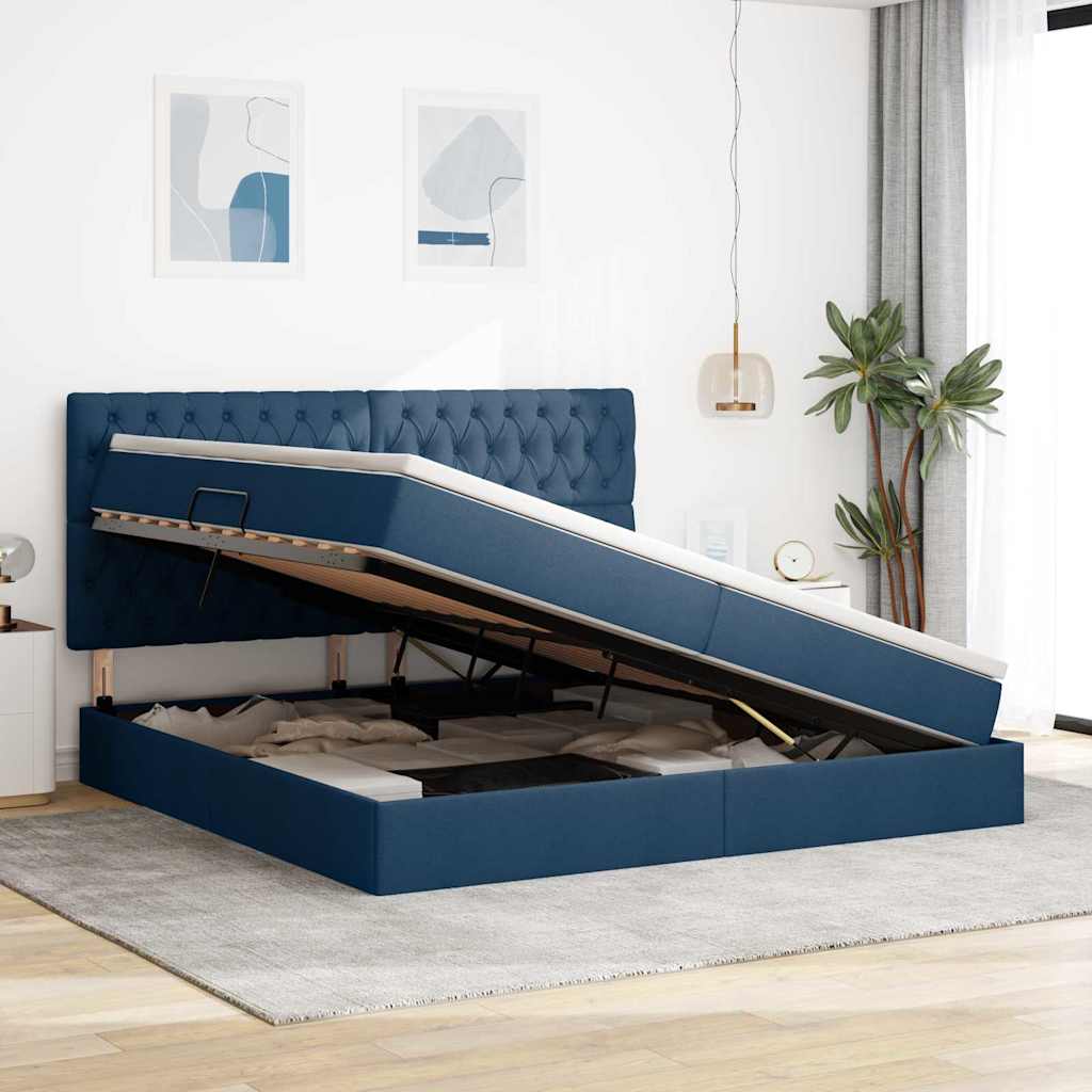 Seng med opbevaring og madras Blå 200 x 200 cm Stof