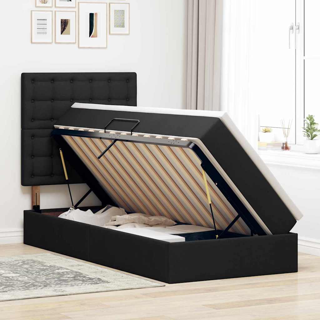 Seng med opbevaring og madras Sort 100 x 200 cm Stof
