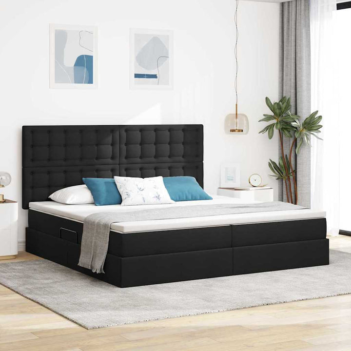 Seng med opbevaring og madras Sort 200 x 200 cm Stof