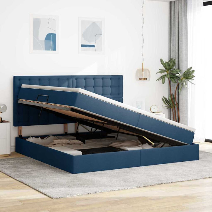 Seng med opbevaring og madras Blå 200 x 200 cm Stof
