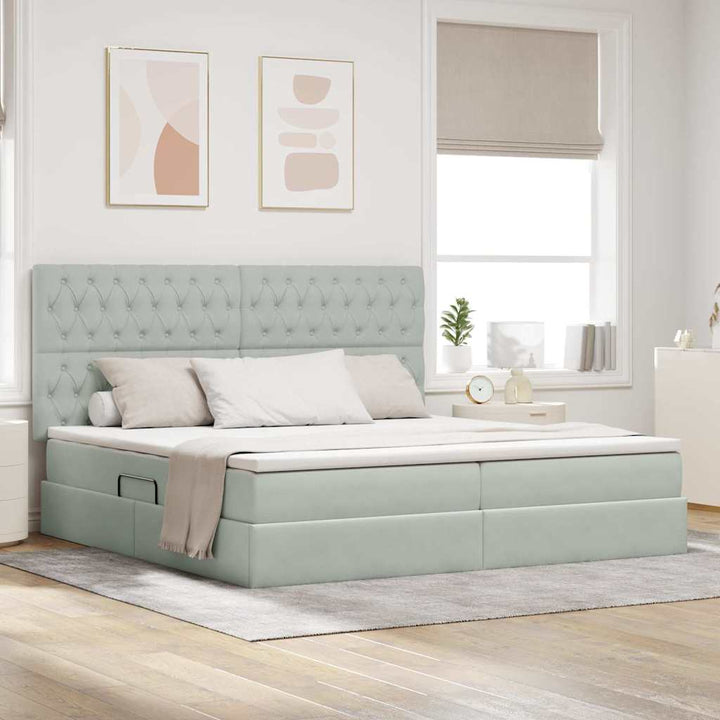 Seng med opbevaring og madras Lysegrå 200 x 200 cm Fløjl