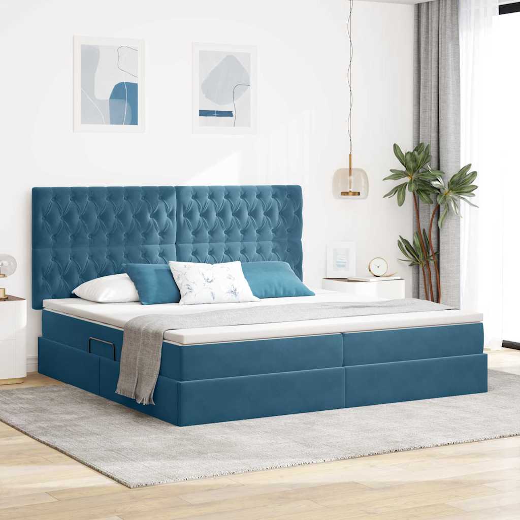 Seng med opbevaring og madras Mørk blå 200 x 200 cm Fløjl