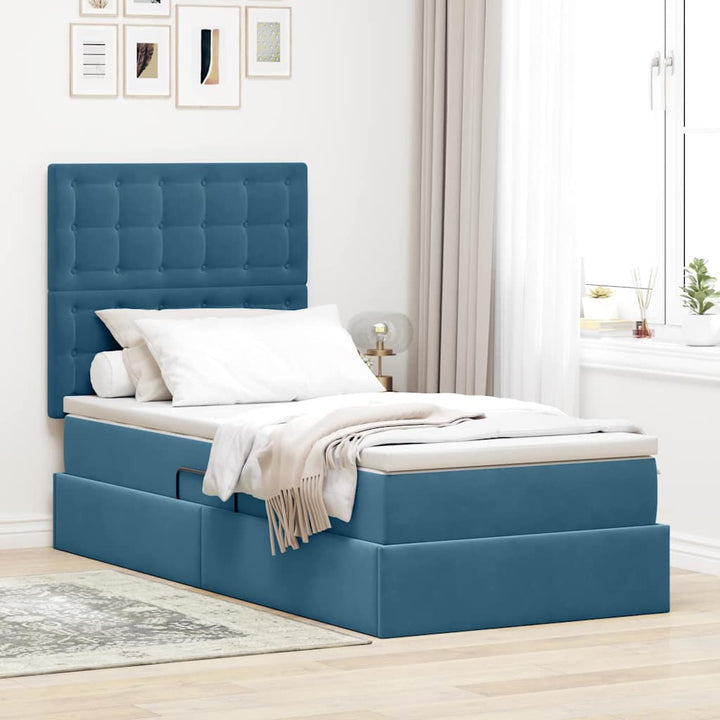 Seng med opbevaring og madras Mørk blå 90 x 200 cm Fløjl