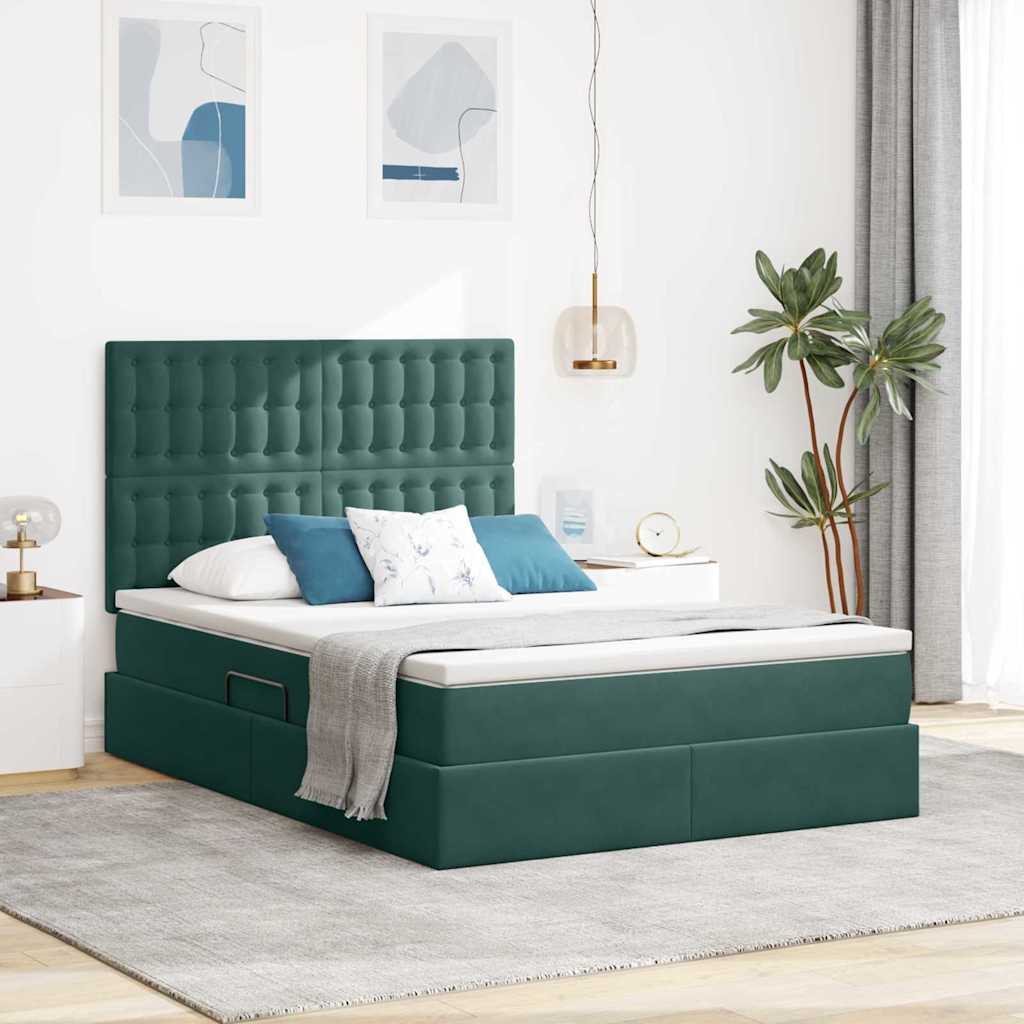 Seng med opbevaring og madras Mørkegrøn 140 x 200 cm Fløjl