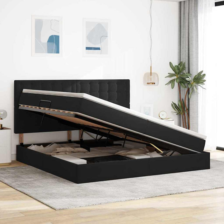 Seng med opbevaring og madras Sort 200 x 200 cm Fløjl