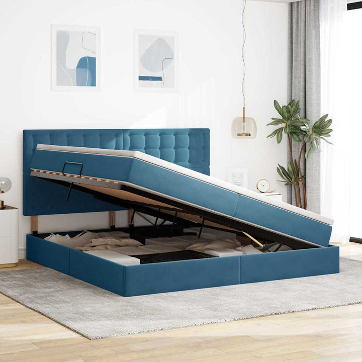 Seng med opbevaring og madras Mørk blå 200 x 200 cm Fløjl