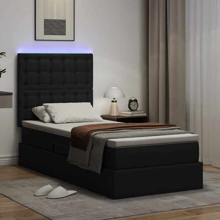 Seng med opbevaring og LED Sort 90 x 190 cm Faux læder