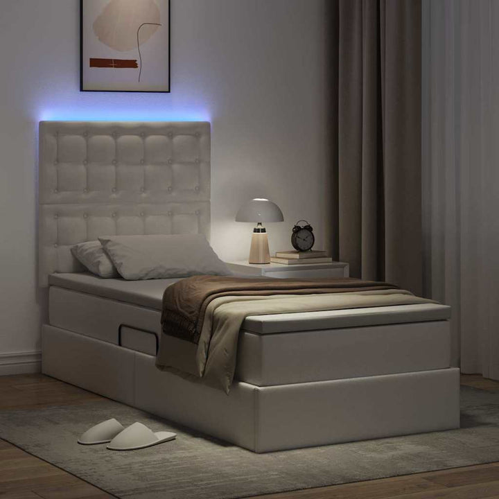 Seng med opbevaring og LED Ren Hvid 90 x 190 cm Faux læder
