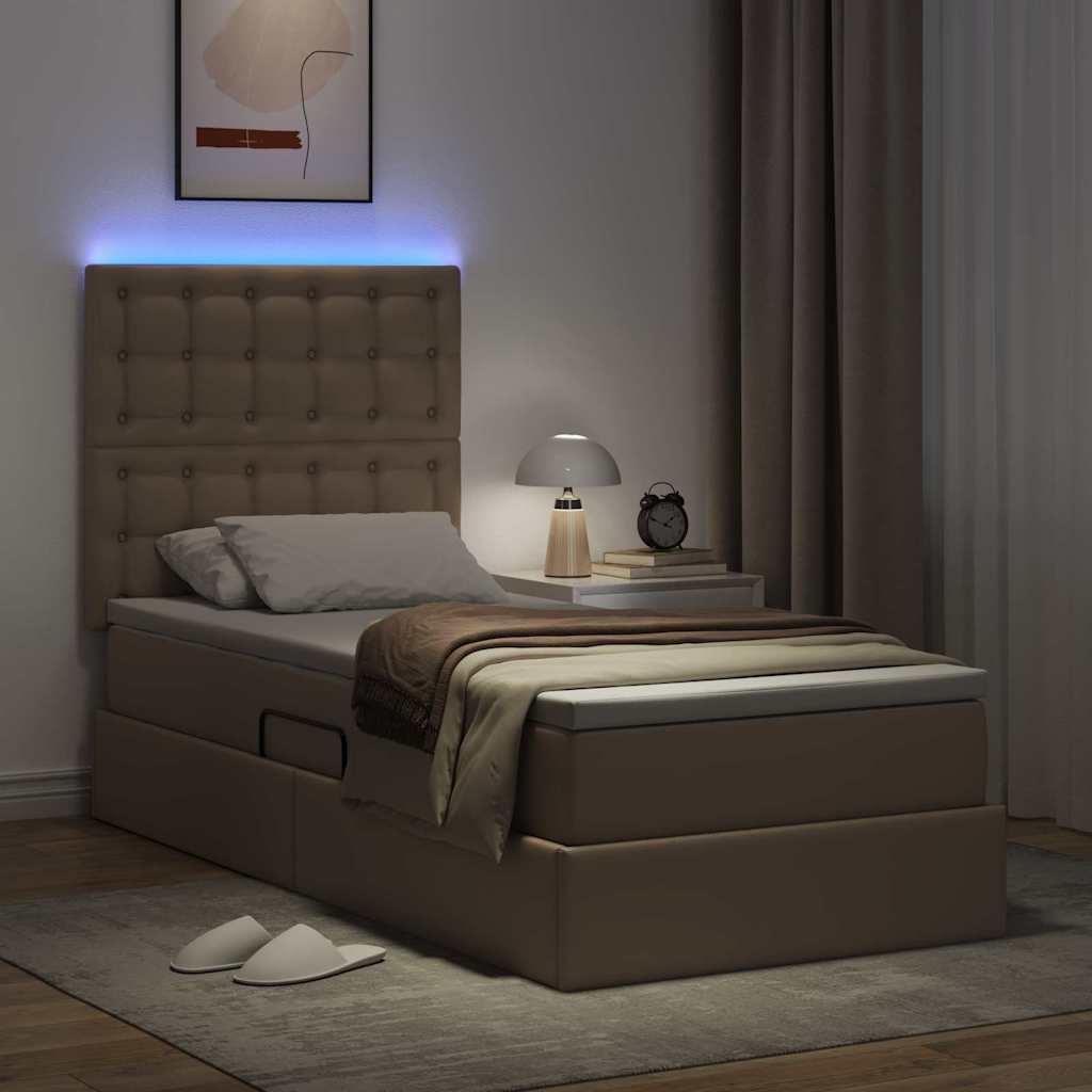 Seng med opbevaring og LED Cappuccino 90 x 190 cm Faux læder