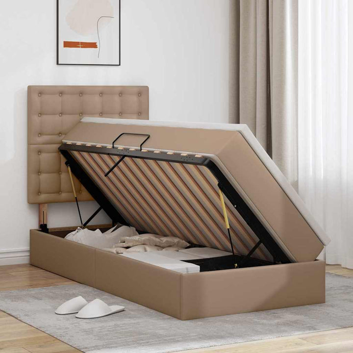 Seng med opbevaring og LED Cappuccino 90 x 190 cm Faux læder