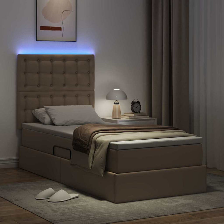 Seng med opbevaring og LED Cappuccino 90 x 200 cm Faux læder