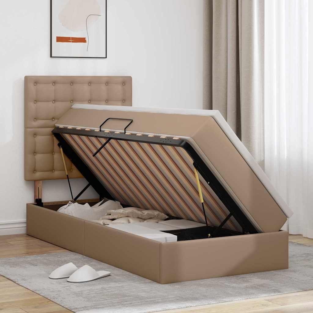 Seng med opbevaring og LED Cappuccino 90 x 200 cm Faux læder