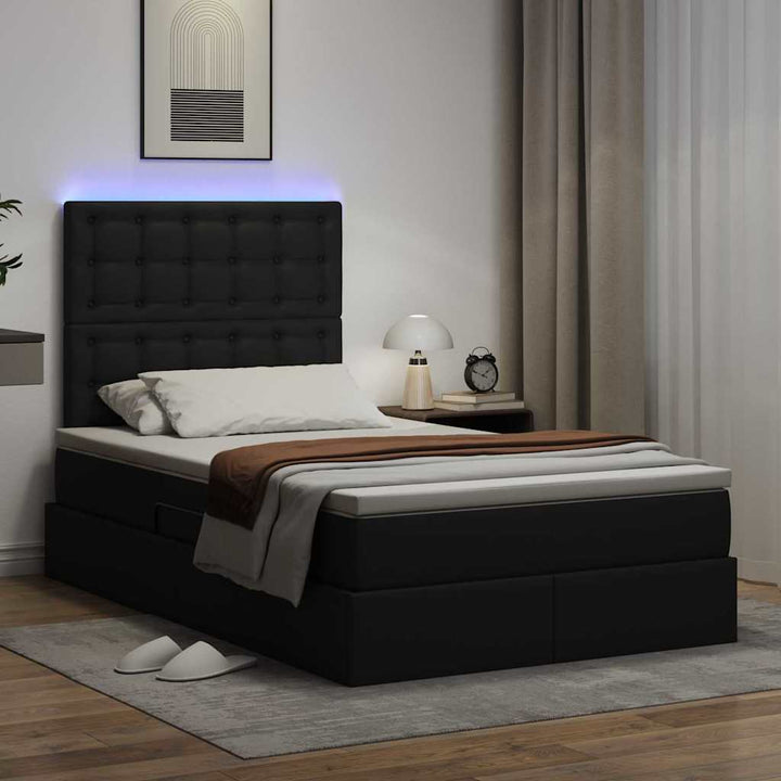 Seng med opbevaring og LED Sort 120 x 200 cm Faux læder