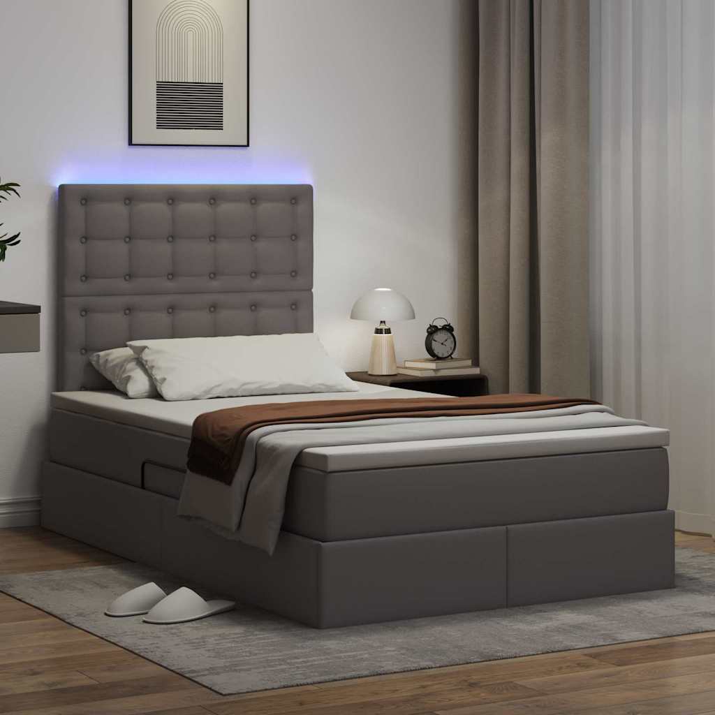 Seng med opbevaring og LED med LED Grå 120 x 200 cm Faux læder