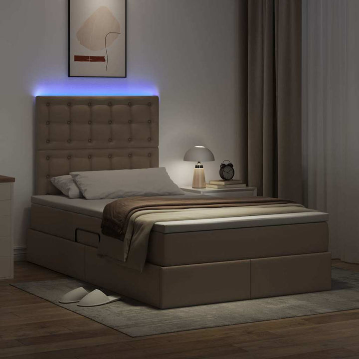 Seng med opbevaring og LED Cappuccino 120 x 200 cm Faux læder