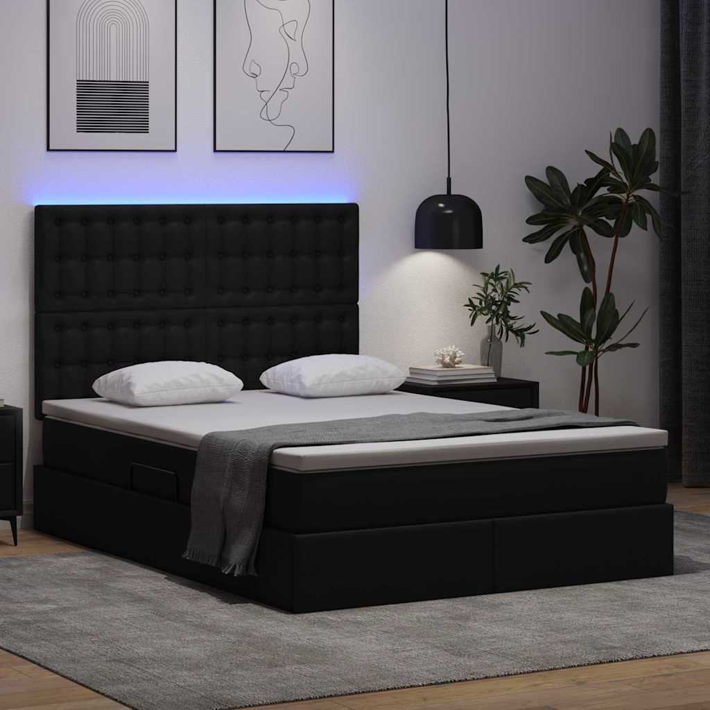 Seng med opbevaring og LED Sort 140 x 190 cm Faux læder