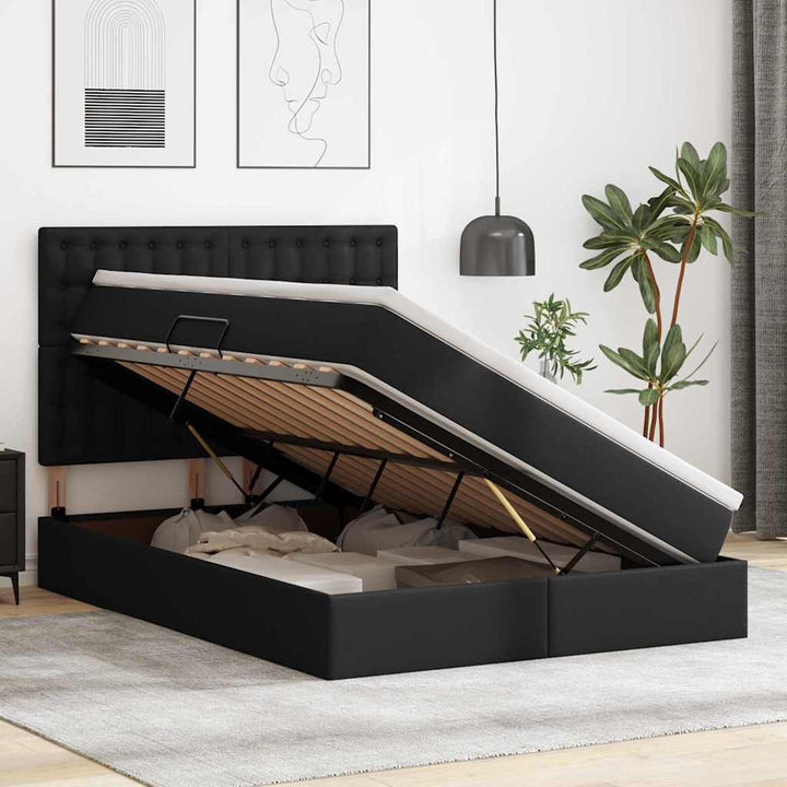 Seng med opbevaring og LED Sort 140 x 190 cm Faux læder