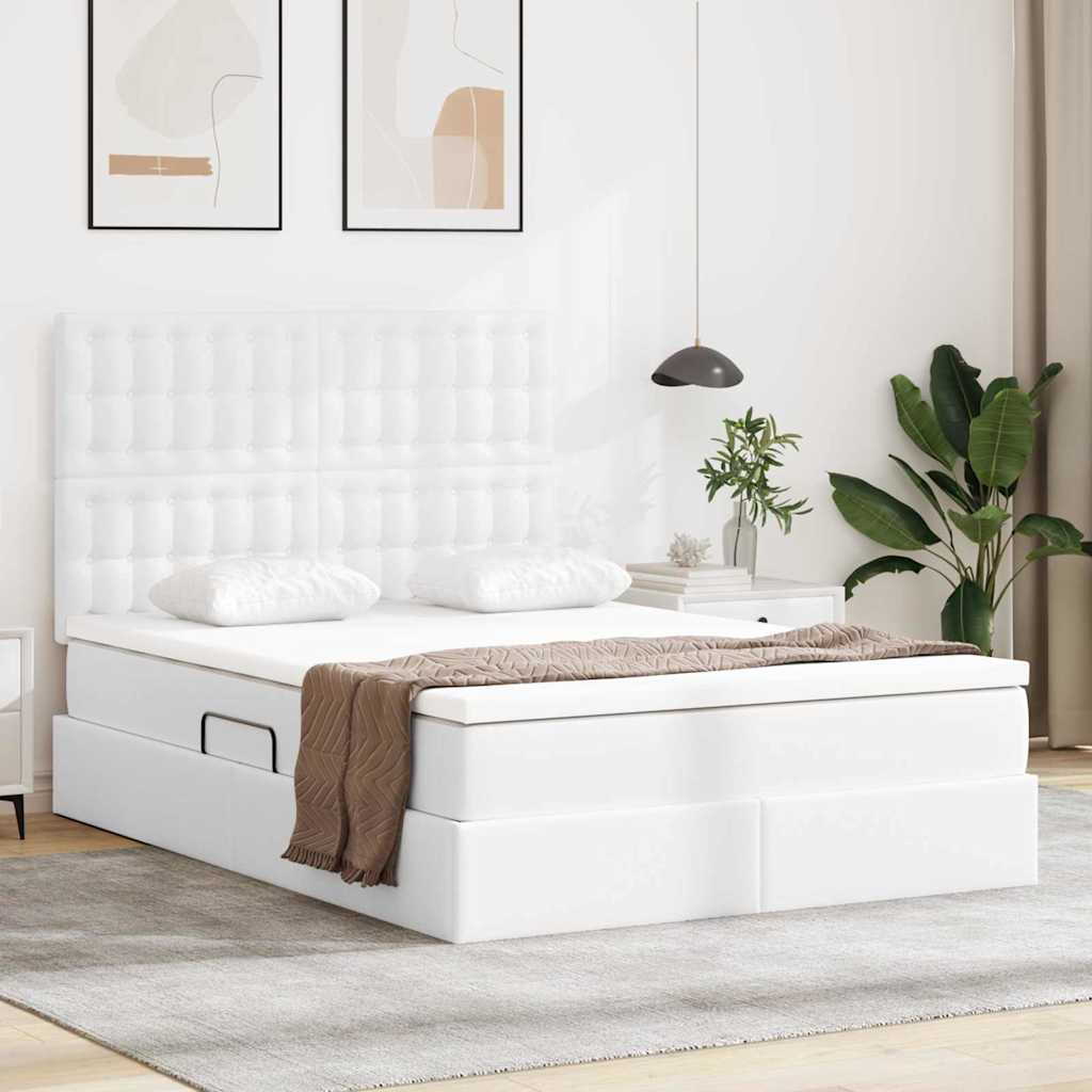 Seng med opbevaring og LED Ren Hvid 140 x 190 cm Faux læder