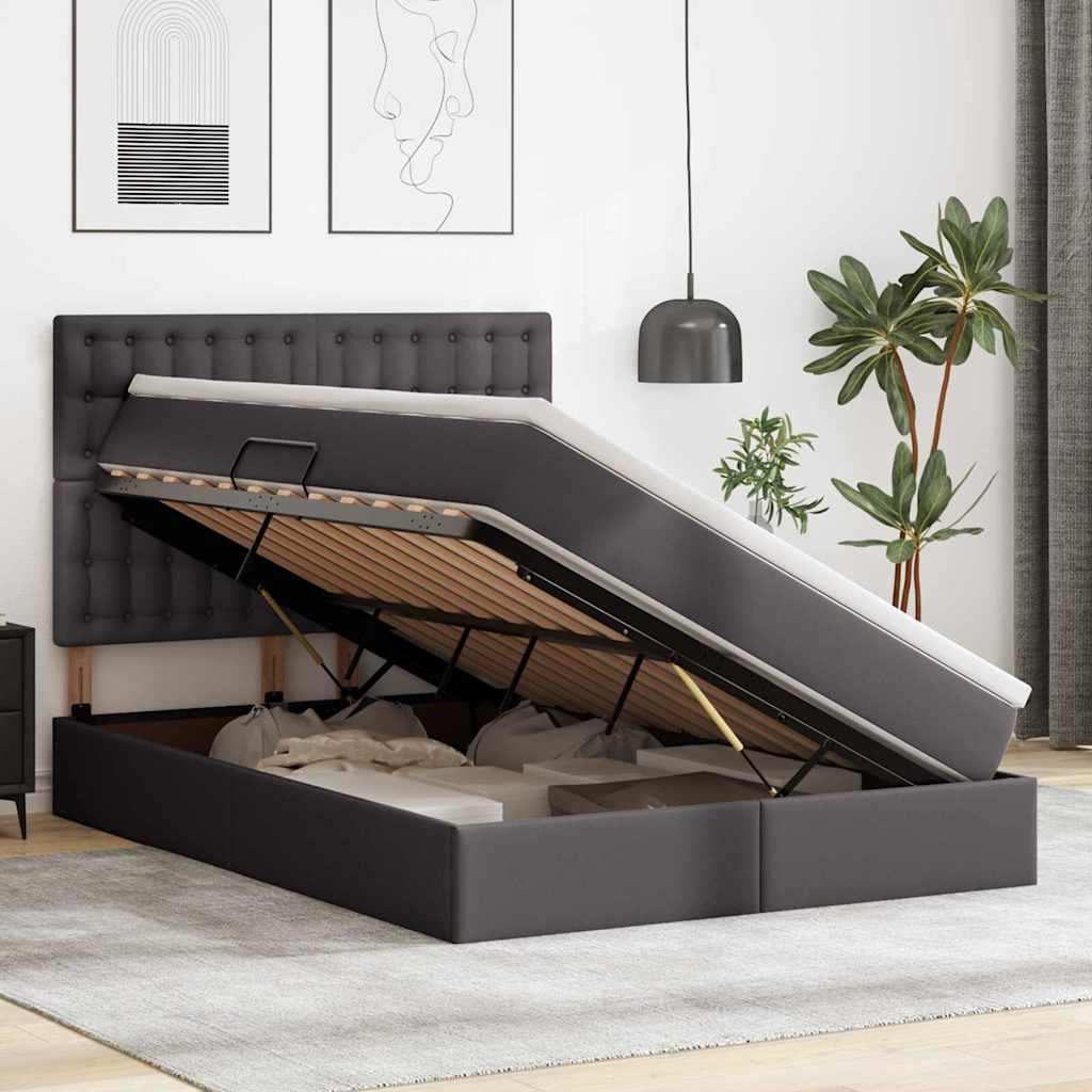 Seng med opbevaring og LED Grå 140 x 190 cm Faux læder
