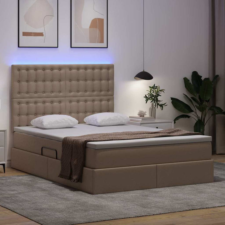 Seng med opbevaring og LED Cappuccino 140 x 190 cm Faux læder