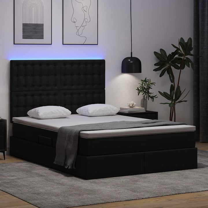 Seng med opbevaring og LED Sort 140 x 200 cm Faux læder