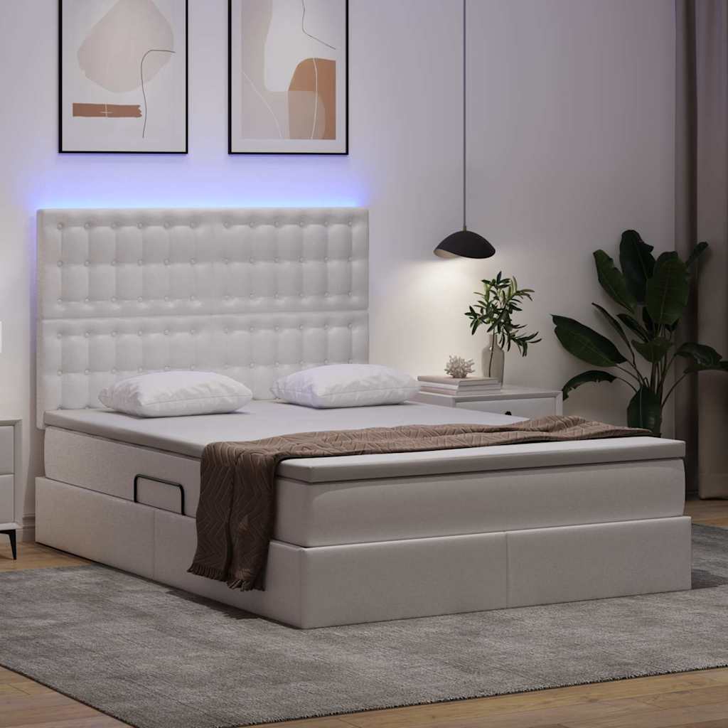 Seng med opbevaring og LED Ren Hvid 140 x 200 cm Faux læder
