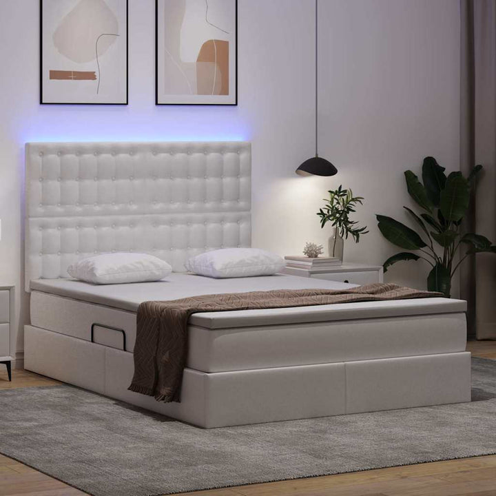 Seng med opbevaring og LED Ren Hvid 140 x 200 cm Faux læder
