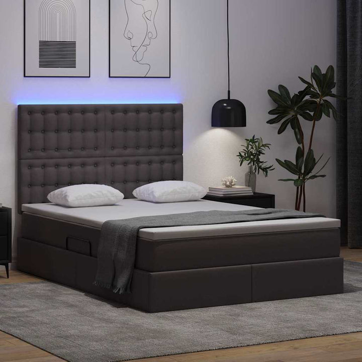 Seng med opbevaring og LED Grå 140 x 200 cm Faux læder