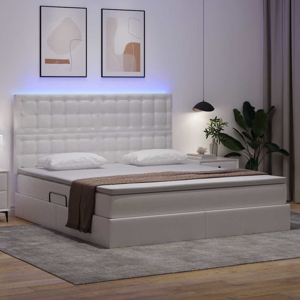 Seng med opbevaring og LED Ren Hvid 160 x 200 cm Faux læder