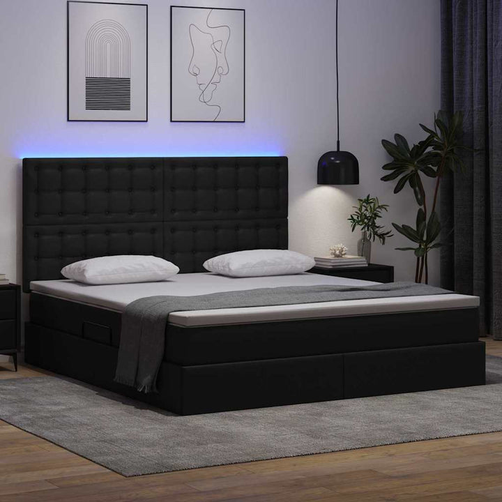 Seng med opbevaring og LED Sort 180 x 200 cm Faux læder