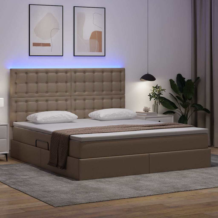 Seng med opbevaring og LED Cappuccino 180 x 200 cm Faux læder