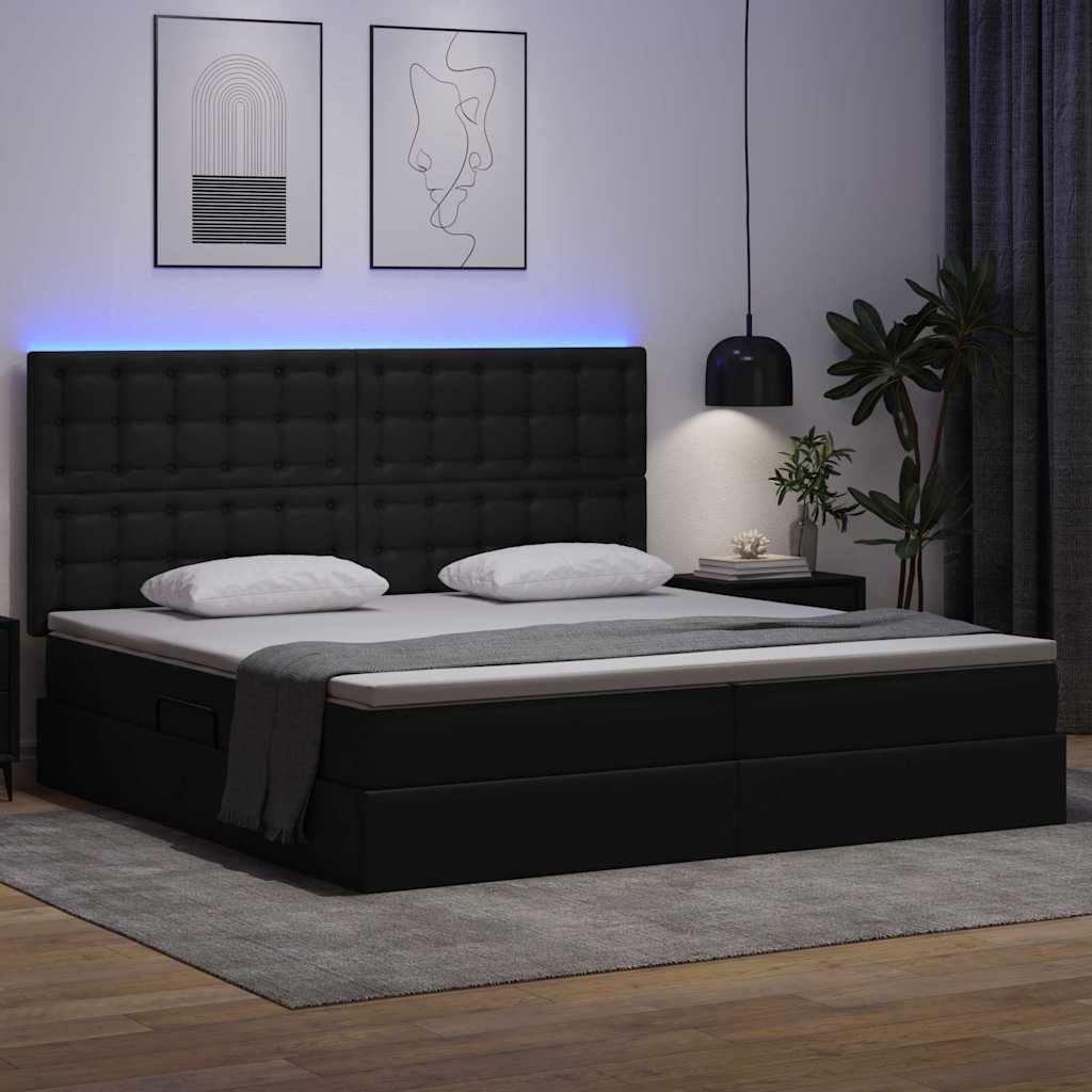 Seng med opbevaring og LED Sort 200 x 200 cm Faux læder