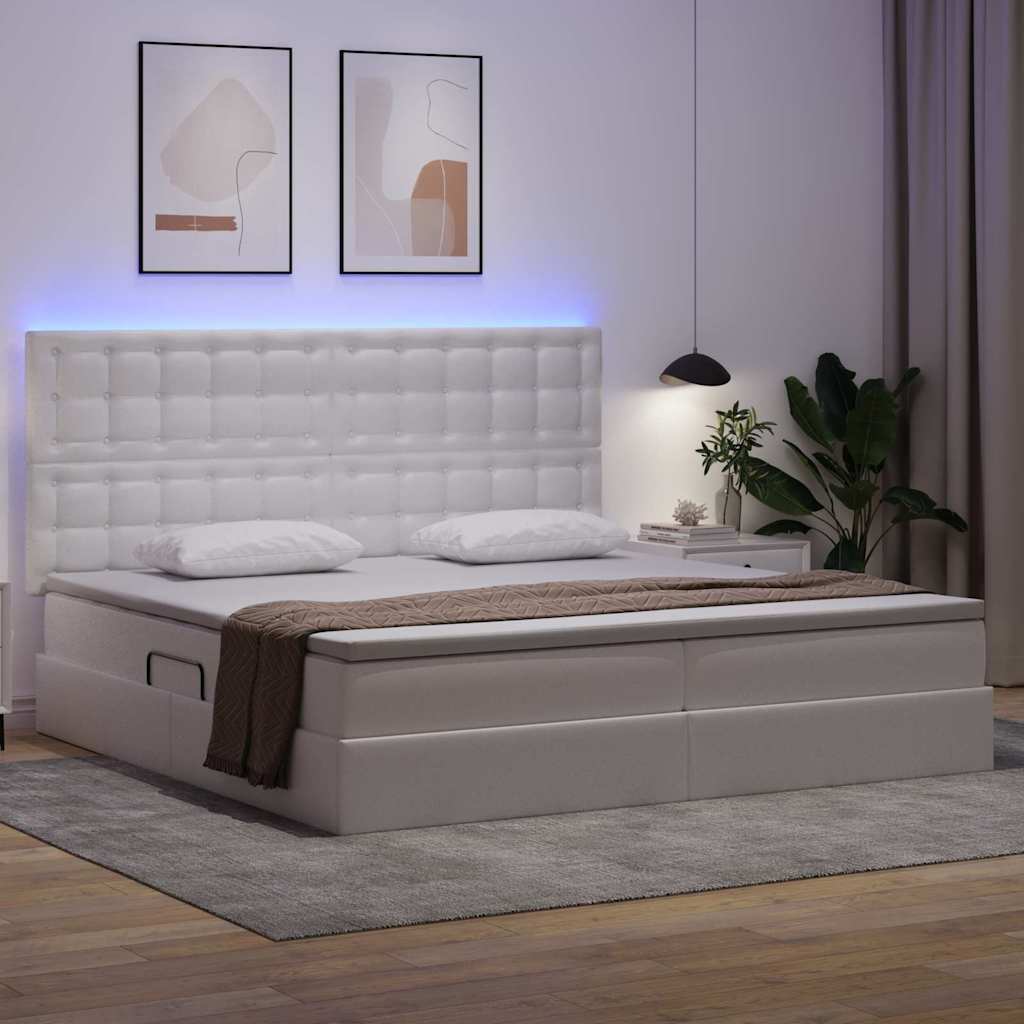 Seng med opbevaring og LED Ren Hvid 200 x 200 cm Faux læder
