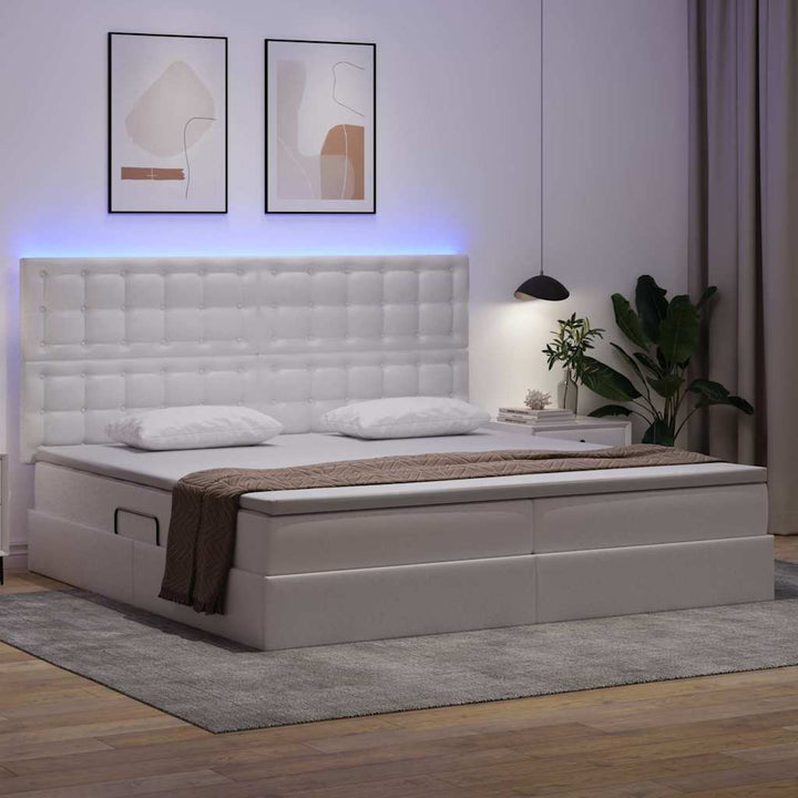 Seng med opbevaring og LED Ren Hvid 200 x 200 cm Faux læder